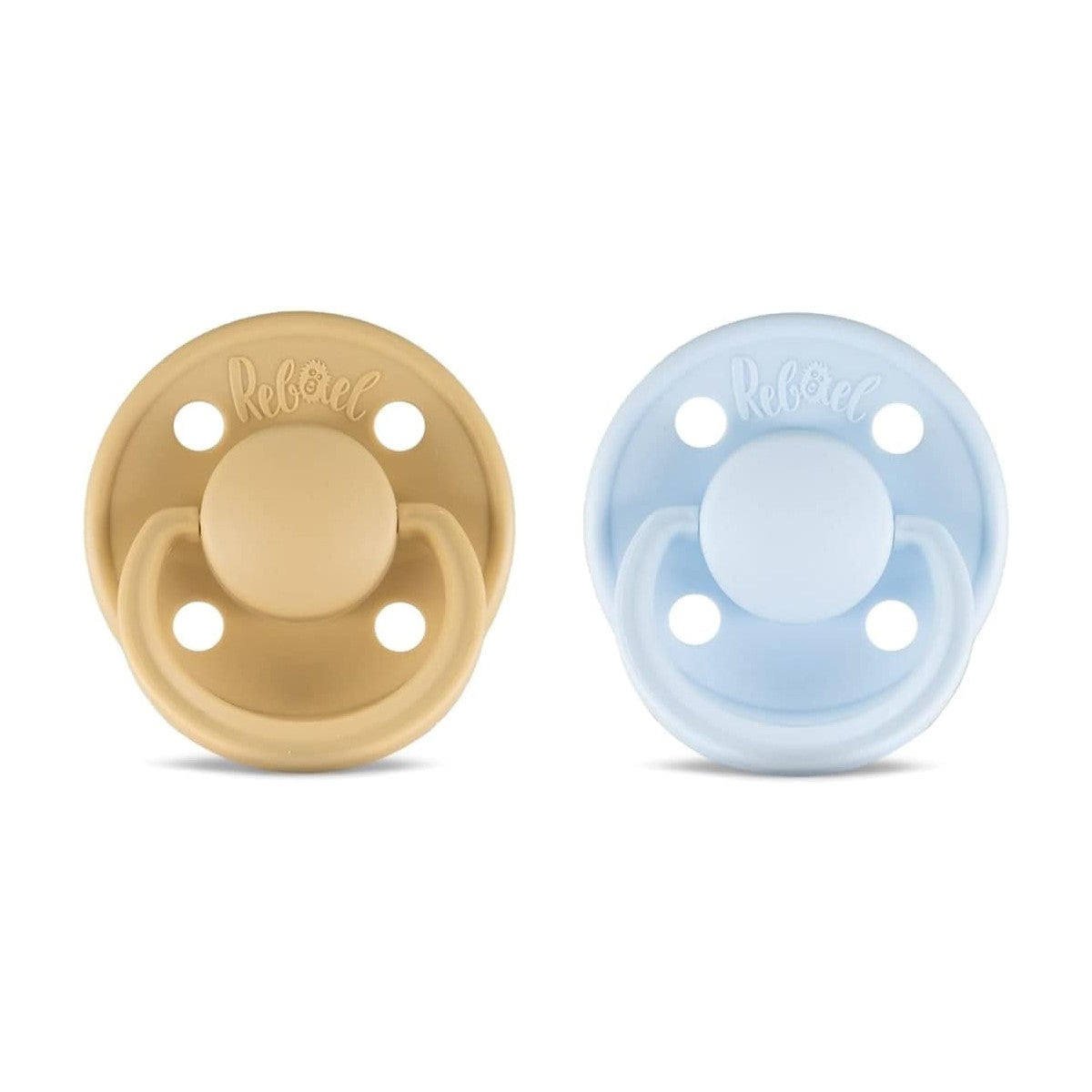 Rabael Mono Natural Rubber Round Pacifiers, 2pk - Almond/Tiny Sky (2 Sizes)