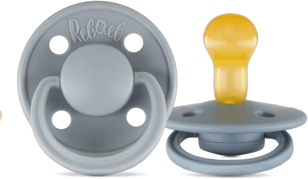 Rabael Mono Natural Rubber Round Pacifiers, 2pk - Pewter/Tiny Sky (2 Sizes)