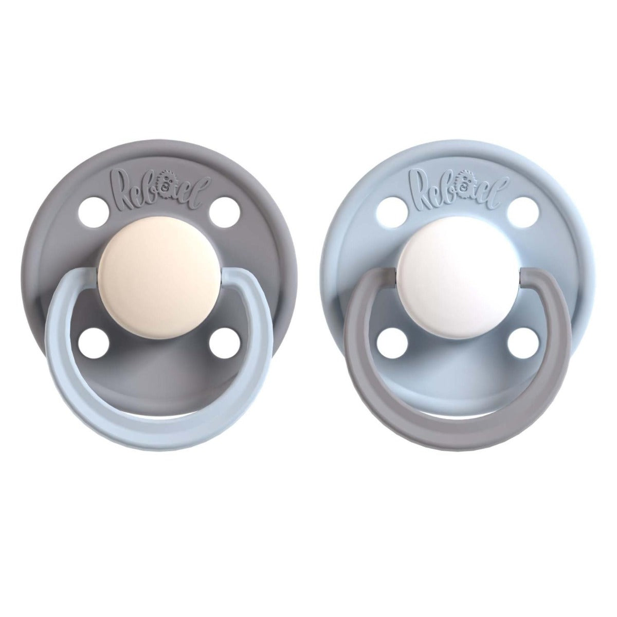 Rabael Duo Natural Rubber Round Pacifiers, 2pk -Stormy Pearly Elephant/Cold White Pony (2 Sizes)