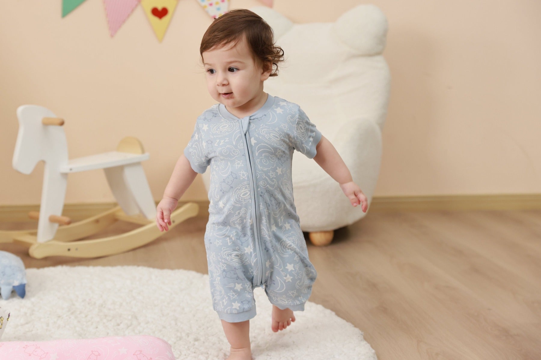Baa Baa Sheepz Baby Short Sleeve Zip Romper - Baa Baa in the Universe Blue (4 Sizes)