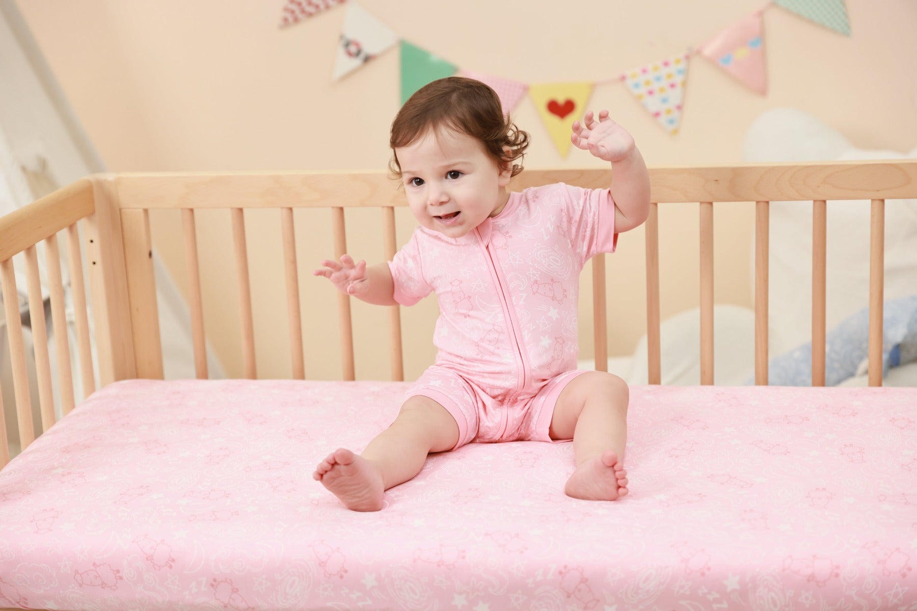Baa Baa Sheepz Baby Short Sleeve Zip Romper - Baa Baa in the Universe Pink (4 Sizes)