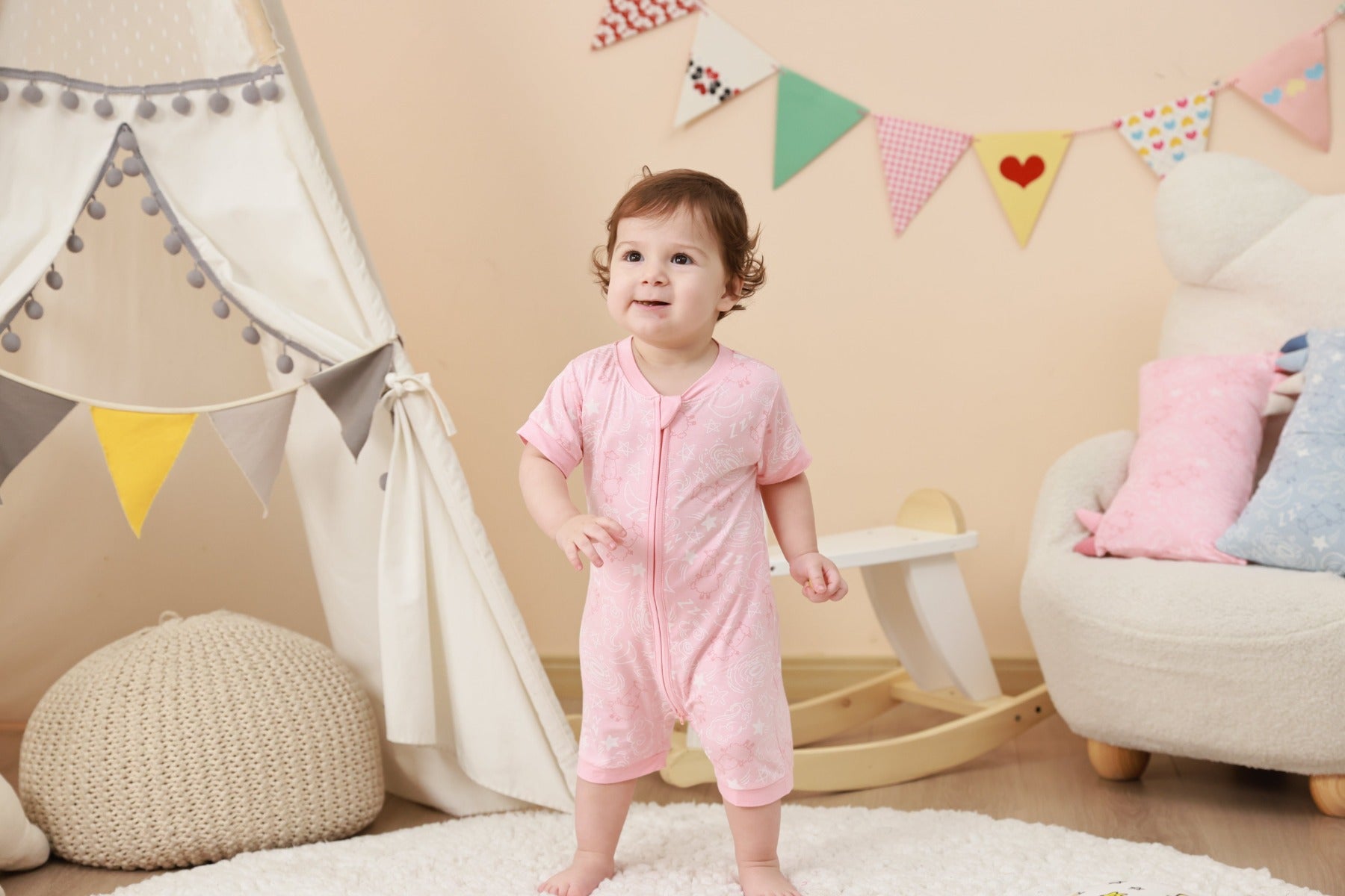 Baa Baa Sheepz Baby Short Sleeve Zip Romper - Baa Baa in the Universe Pink (4 Sizes)