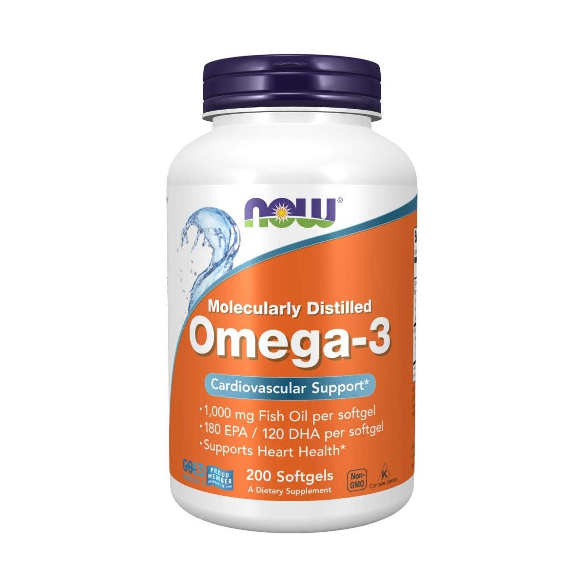 NOW Foods Omega-3 Fish Oil, Molecularly Distilled  1000mg (180 Epa/120 Dha), 200 Softgels (Exp 11/26)