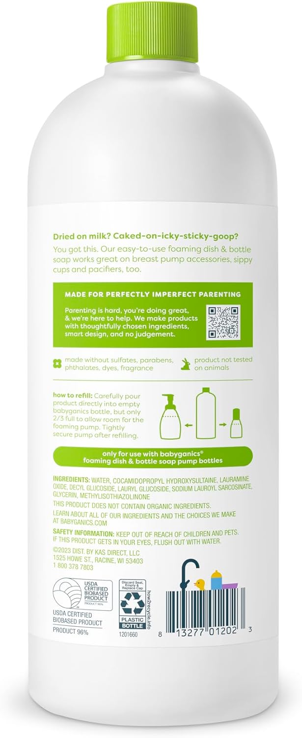Babyganics Foaming Dish & Bottle Soap Refill, 1L - Fragrance-Free (Exp 09/26)