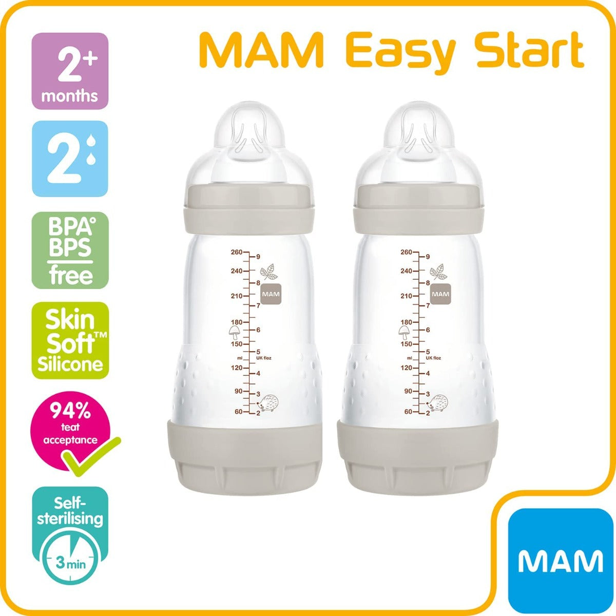 MAM Easy Start Anti-Colic Milk Bottle, 2 x 260ml (3 Assorted Colours)