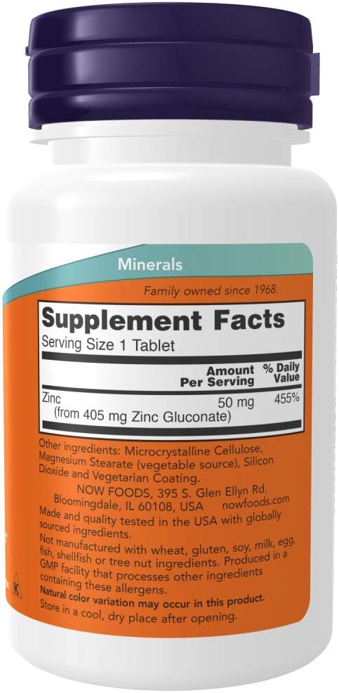 NOW Foods Zinc (Zinc Gluconate) 50mg, 100 Tabs (Exp 07/29)