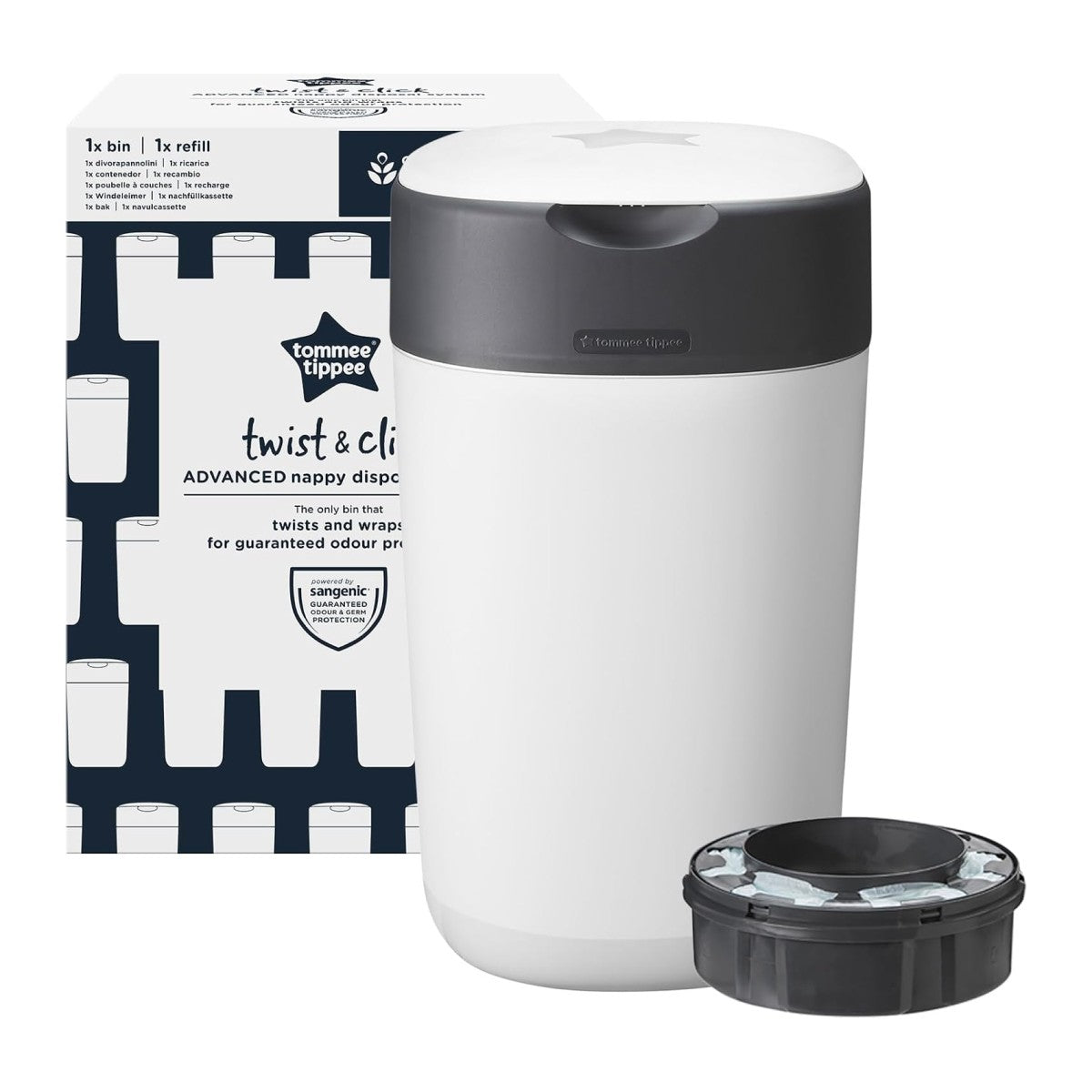 Tommee Tippee Sangenic Twist & Click Advanced Diaper Disposal Bin (1 casette) - White