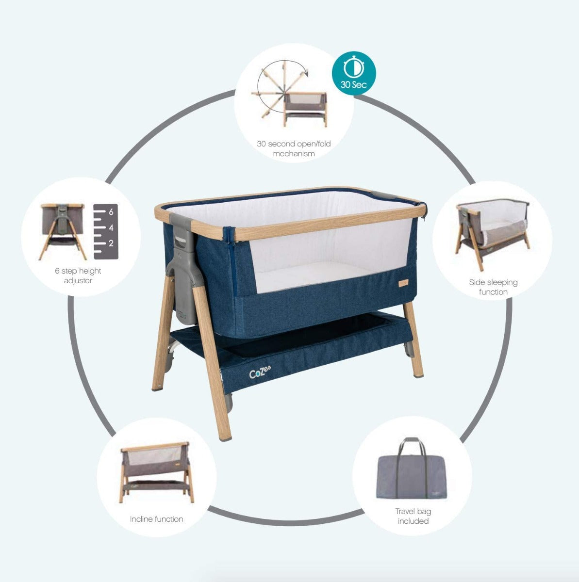 Tutti Bambini CoZee Bedside Co-Sleeper Crib - Oak & Midnight Blue
