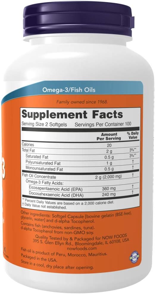 NOW Foods Omega-3 Fish Oil, Molecularly Distilled  1000mg (180 Epa/120 Dha), 200 Softgels (Exp 11/26)