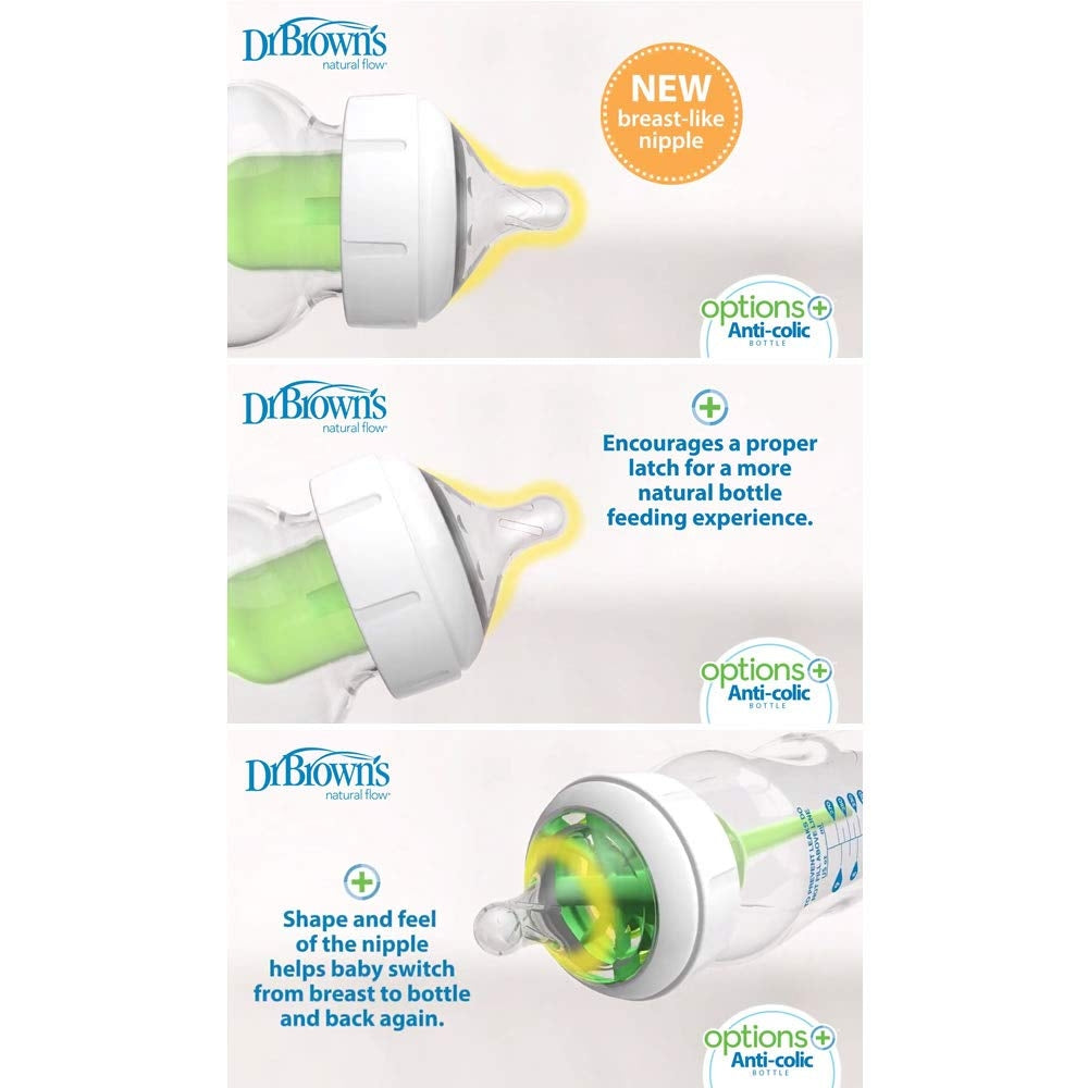 Dr. Brown's Options+ PLUS Wide-Neck Baby Bottle, 9oz (Level 1 Nipple) (3 pack)