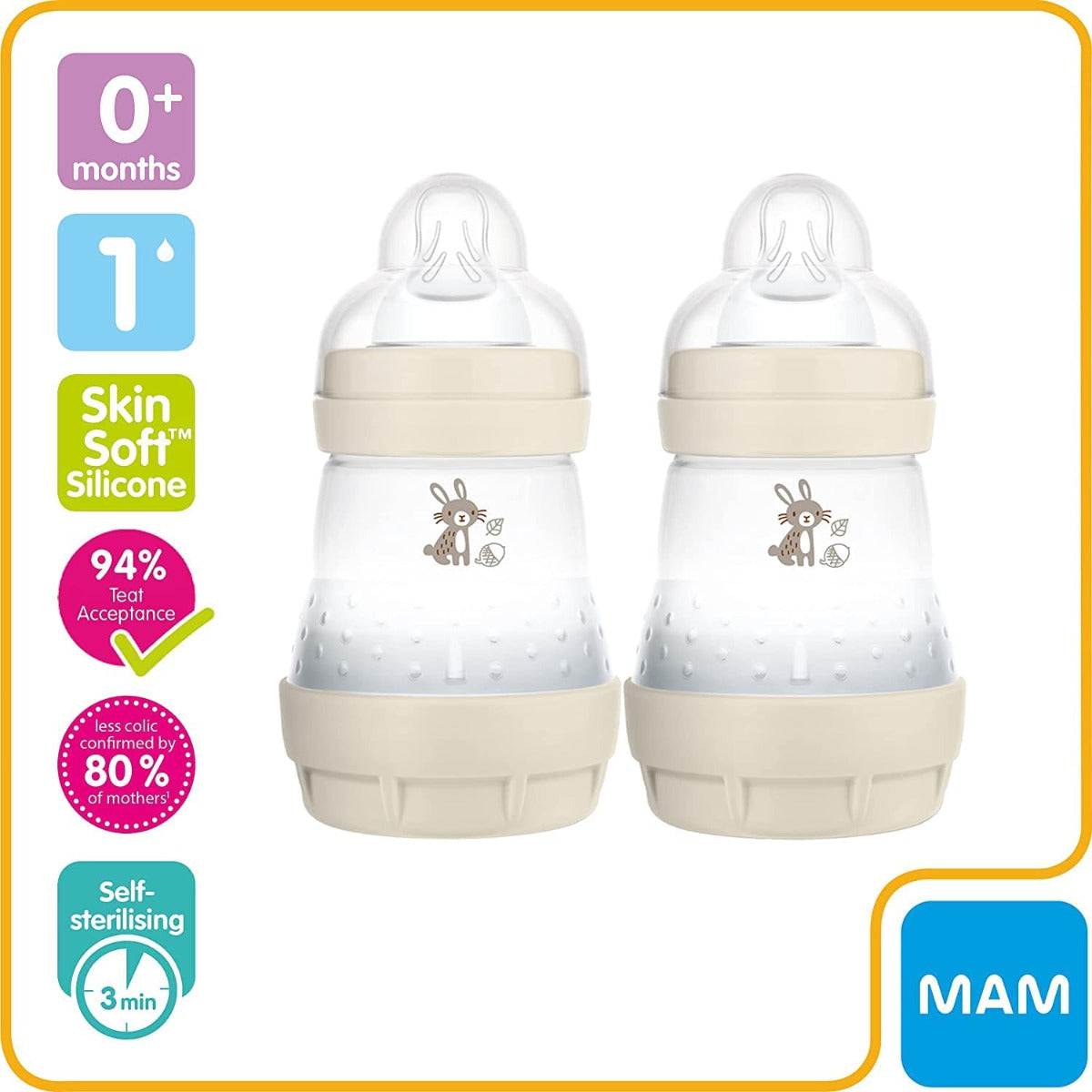 MAM Easy Start Anti-Colic Milk Bottle, 2 x 160ml (3 Colours Assorted) - Pupsik Singapore