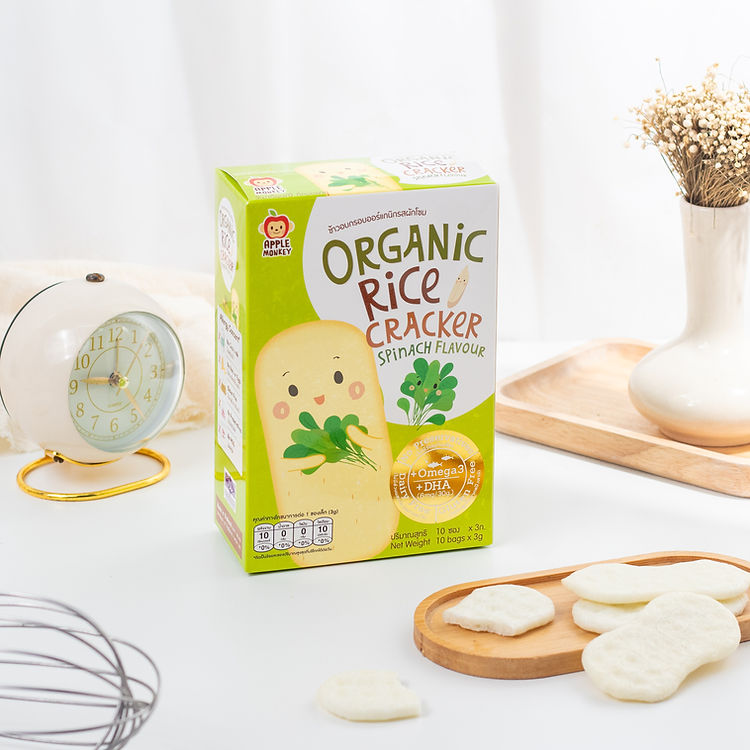 Apple Monkey Organic Rice Cracker with DHA, 2pk x 30g - Spinach (Exp 01/26)