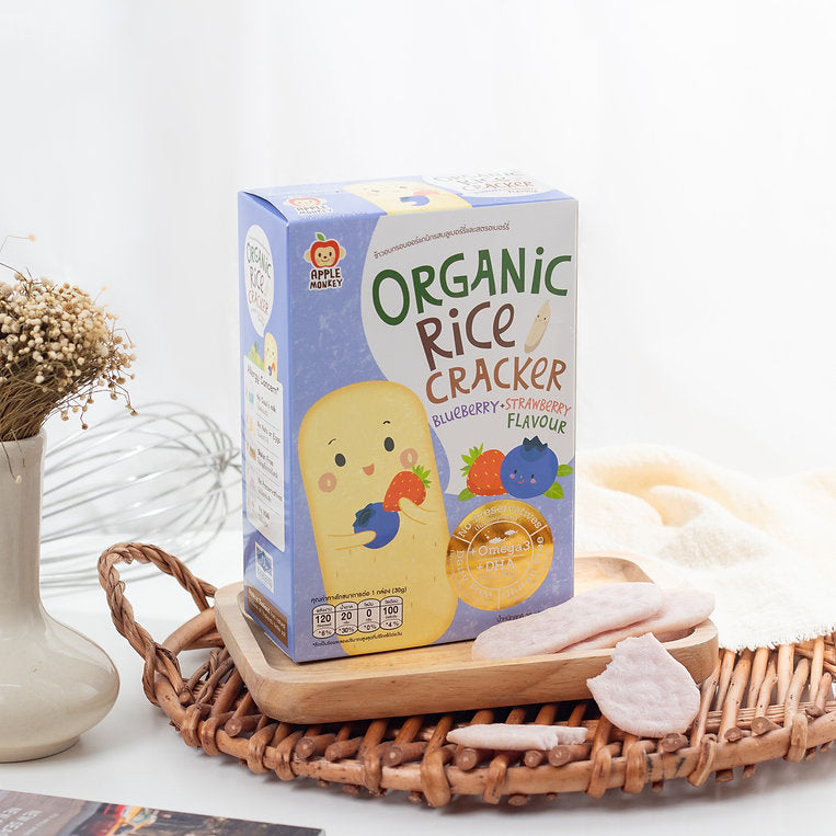 Apple Monkey Organic Rice Cracker with DHA, 2pk x 30g - Blueberry + Strawberry (Exp 06/26)