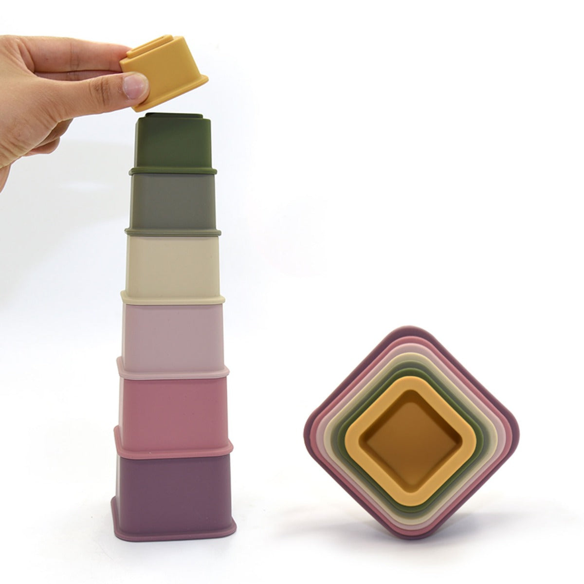 Biomom Silicone Square Cup Stacking Toy, 7pcs - Multi-Coloured
