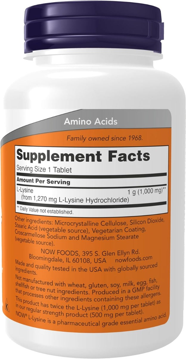 NOW Foods L-Lysine, Double Strength 1000 mg, 100 Tablets (Exp 07/29)