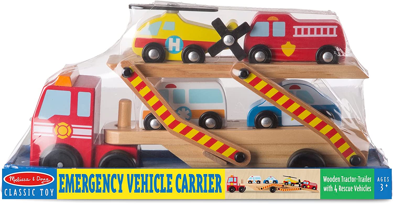 Melissa & Doug Emergency Vehicle Carrier Wooden Toy Set