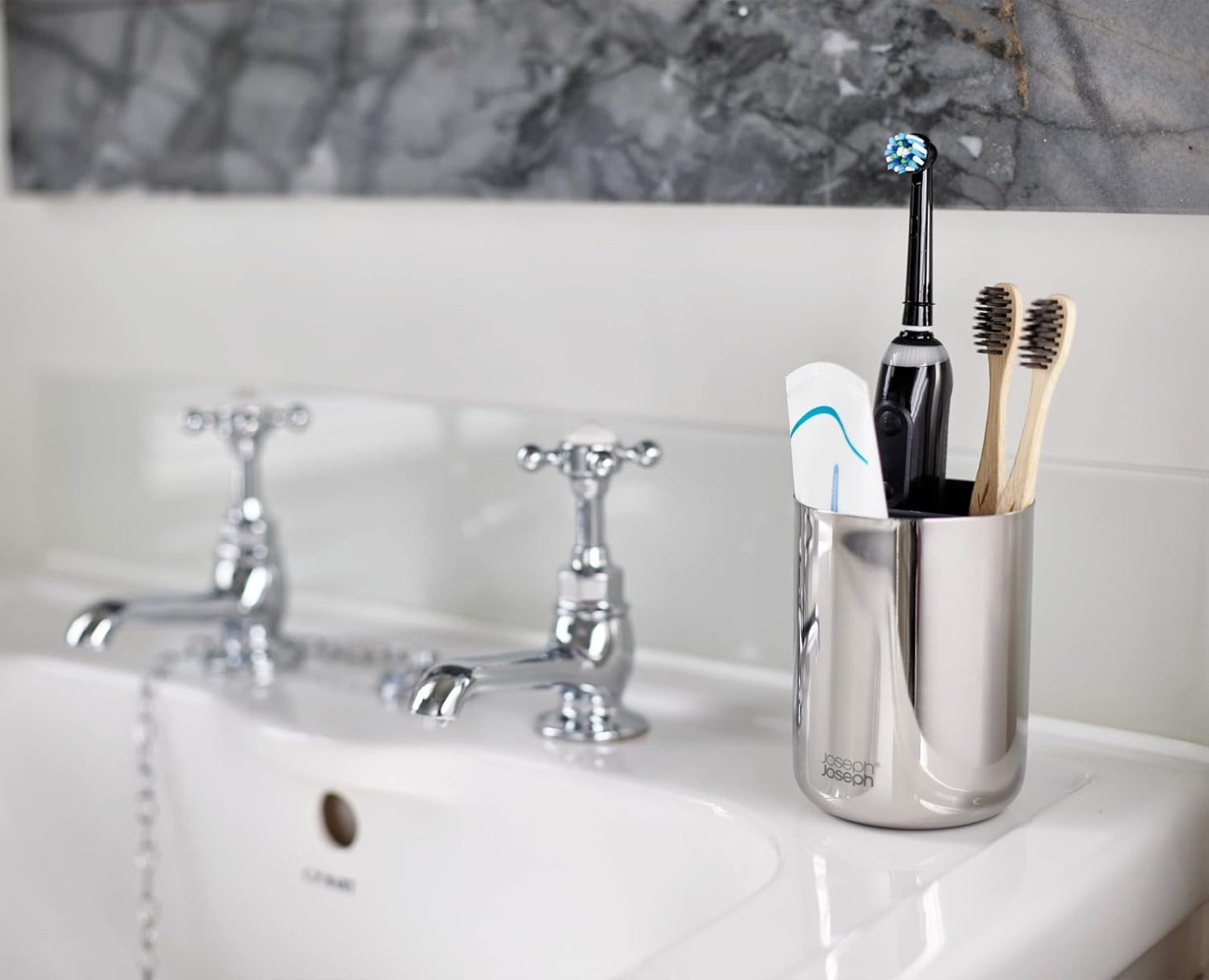Joseph Joseph EasyStore Luxe Stainless Steel Toothbrush Caddy, Small