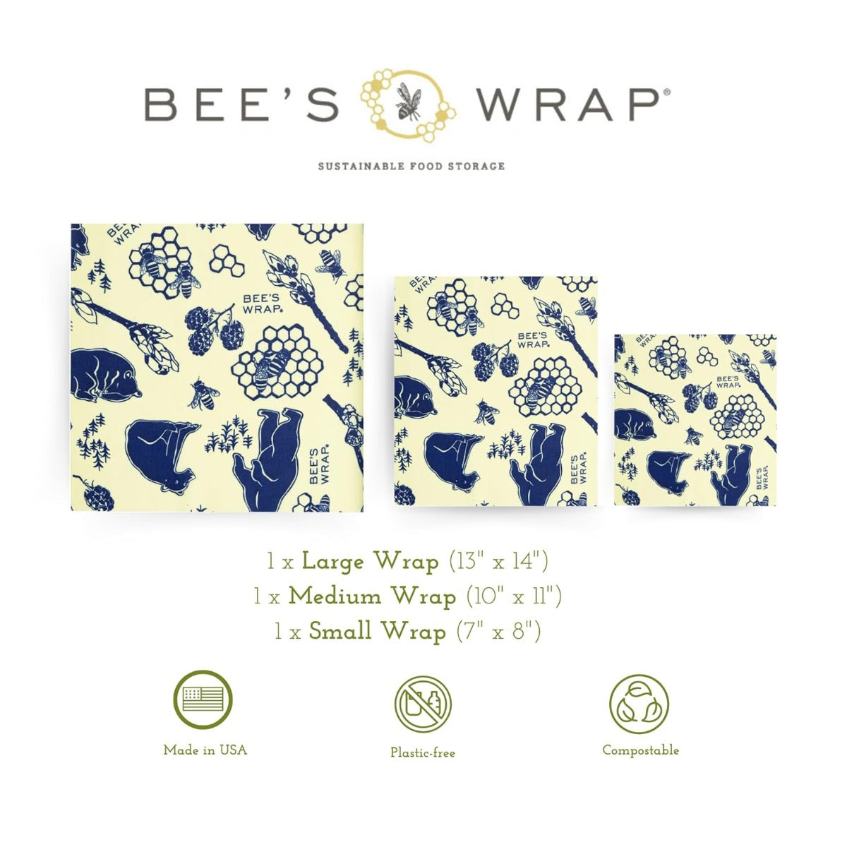 Bee's Wrap Reusable Vegan Food Wrap, Assorted 3pk - Bees + Bears