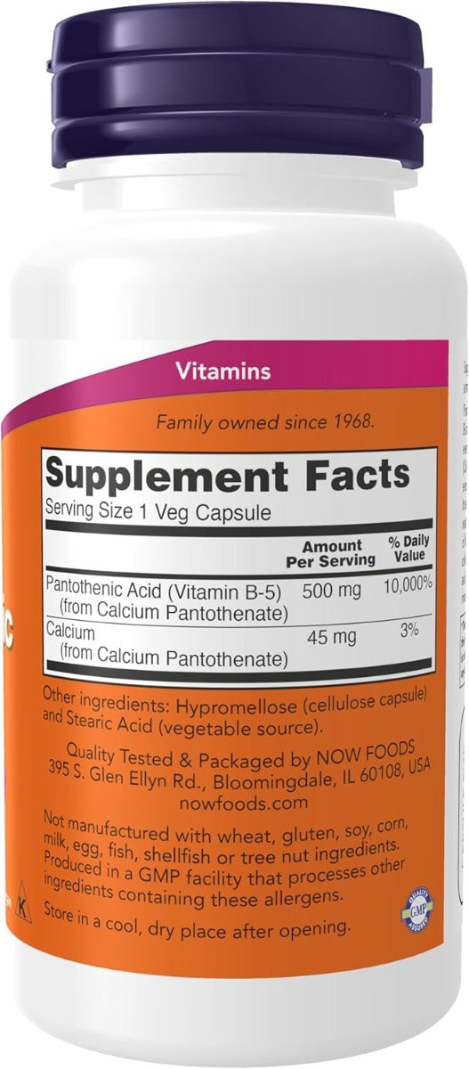 NOW Foods Pantothenic Acid 500 mg, 100 Veg Capsules (Exp 08/27)