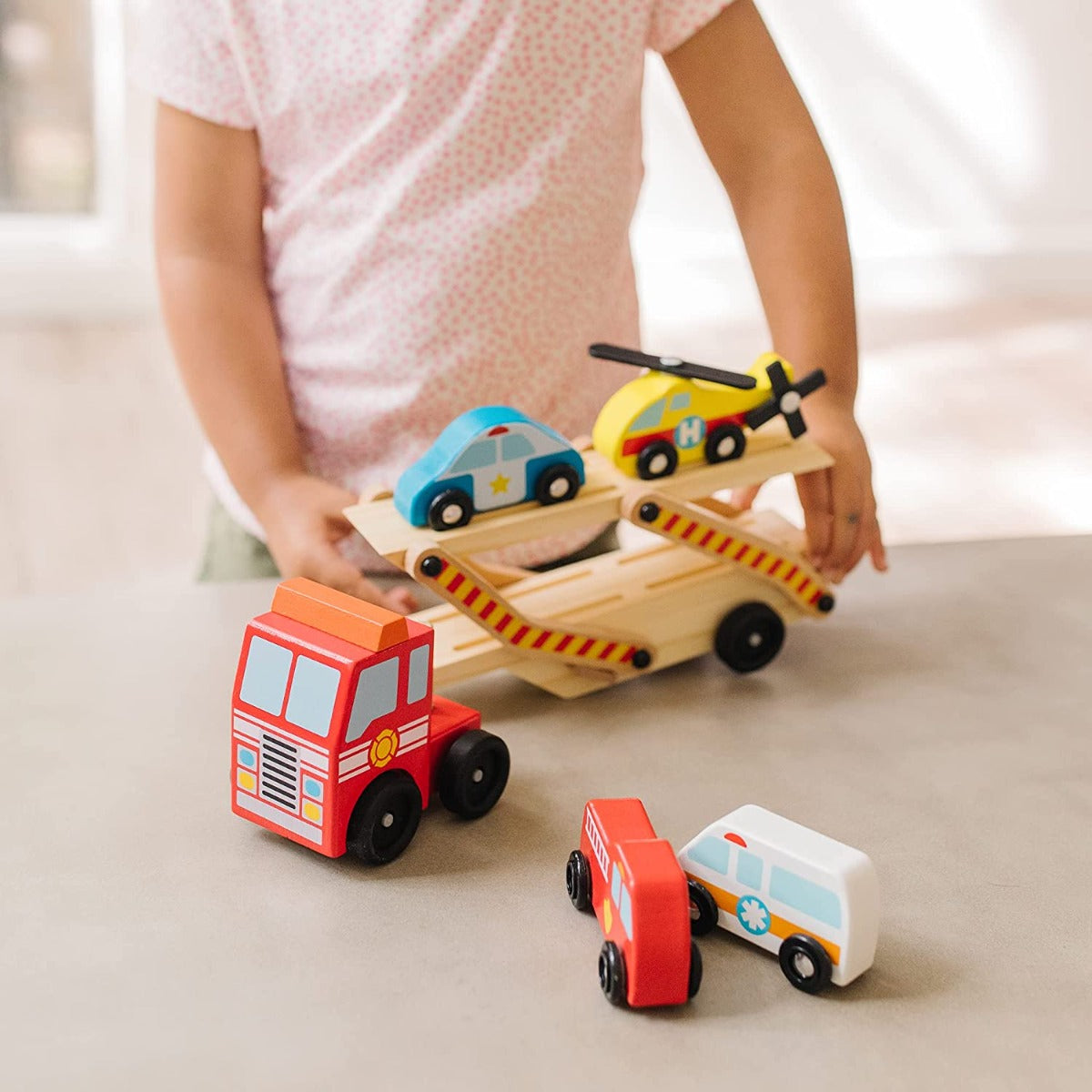 Melissa & Doug Emergency Vehicle Carrier Wooden Toy Set
