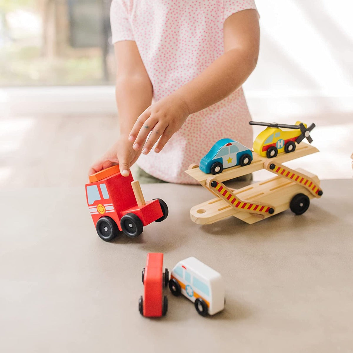 Melissa & Doug Emergency Vehicle Carrier Wooden Toy Set