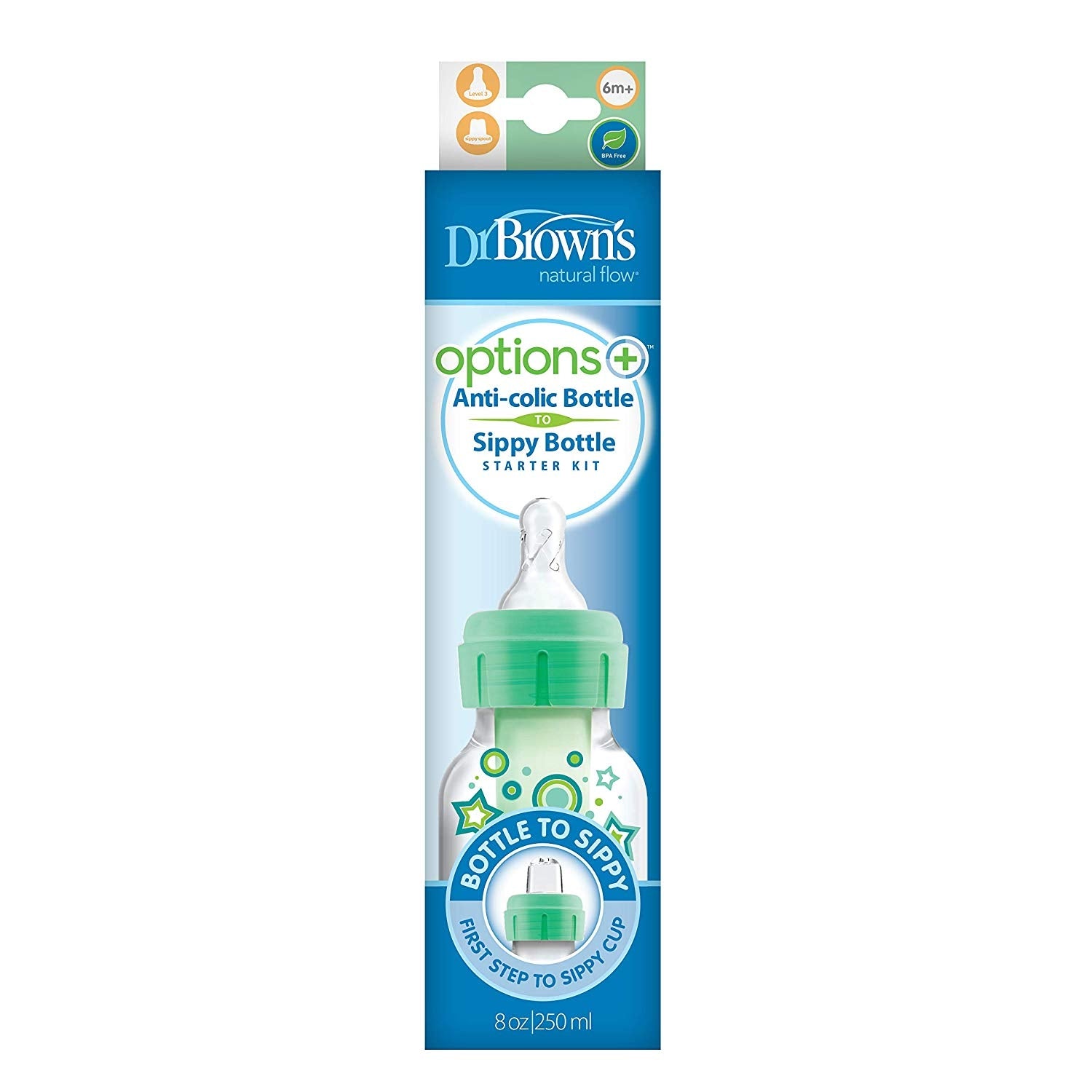 Dr. Brown's Options+ PLUS Anti-Colic Bottle to Sippy Starter Kit (Level 3 Nipple) (8oz) - Green