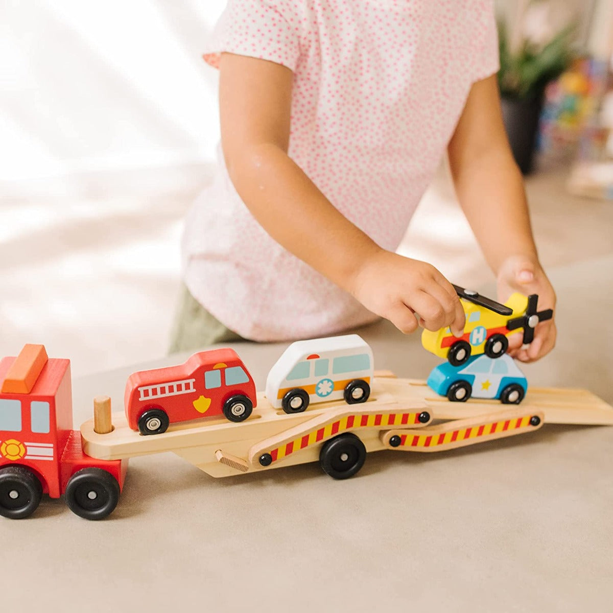 Melissa & Doug Emergency Vehicle Carrier Wooden Toy Set