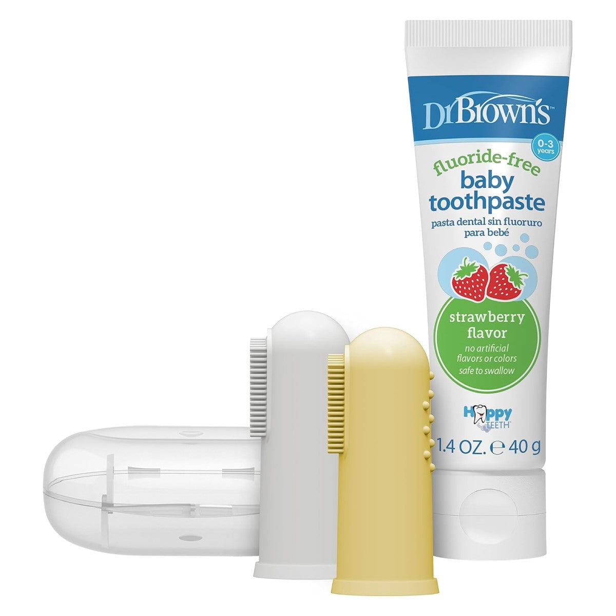 Dr. Brown's 100% Silicone Baby Finger Toothbrush, Gray/Yellow + Strawberry Baby Toothpaste for 0-3Y (Exp 12/26)