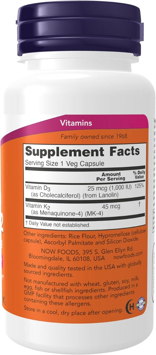 NOW Foods Vitamin D-3 & K-2 1000 IU, 120 Veg Capsules (Exp 12/26)