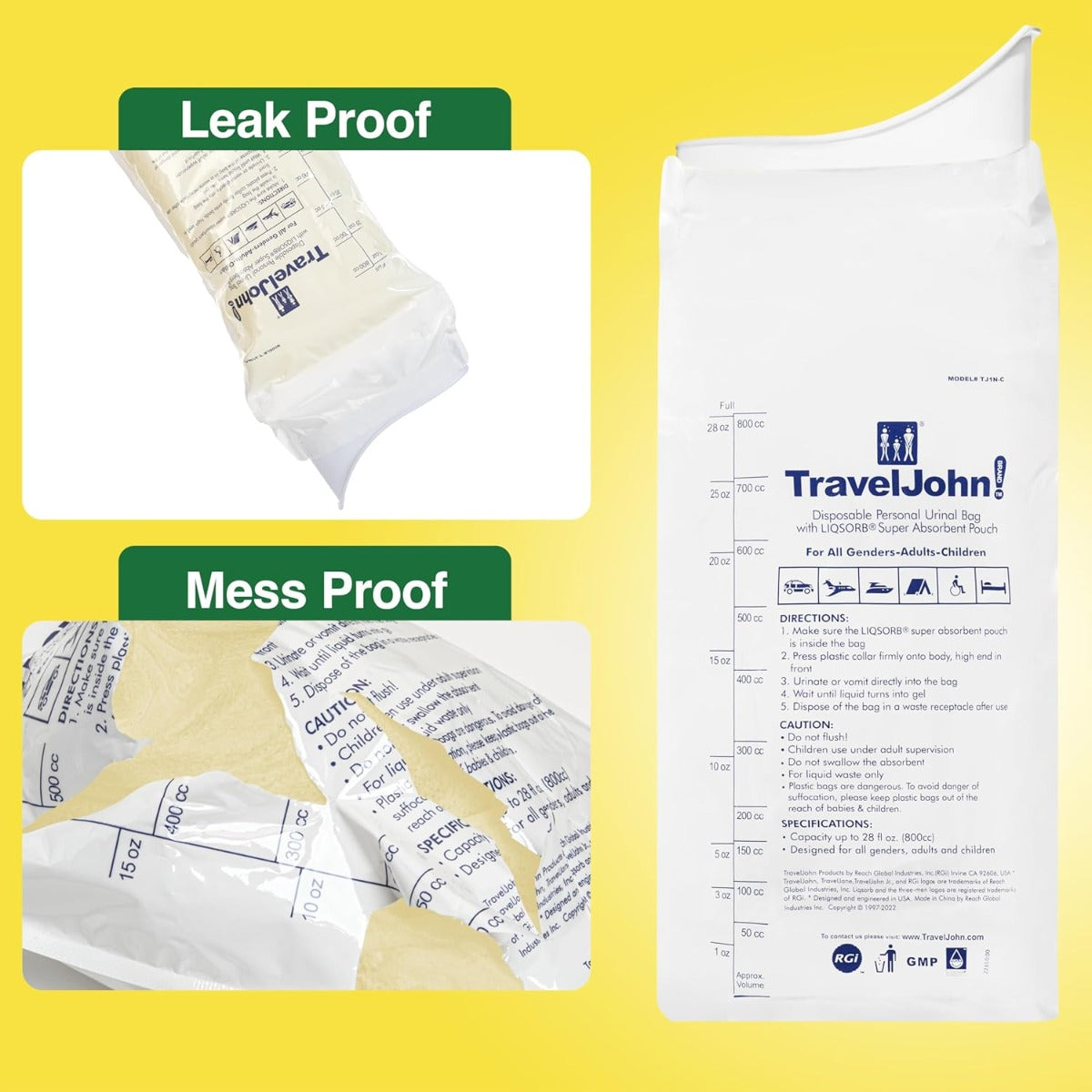 Travel John Disposable Urinal with Zip Resealable, 6-pack (TJ1N)