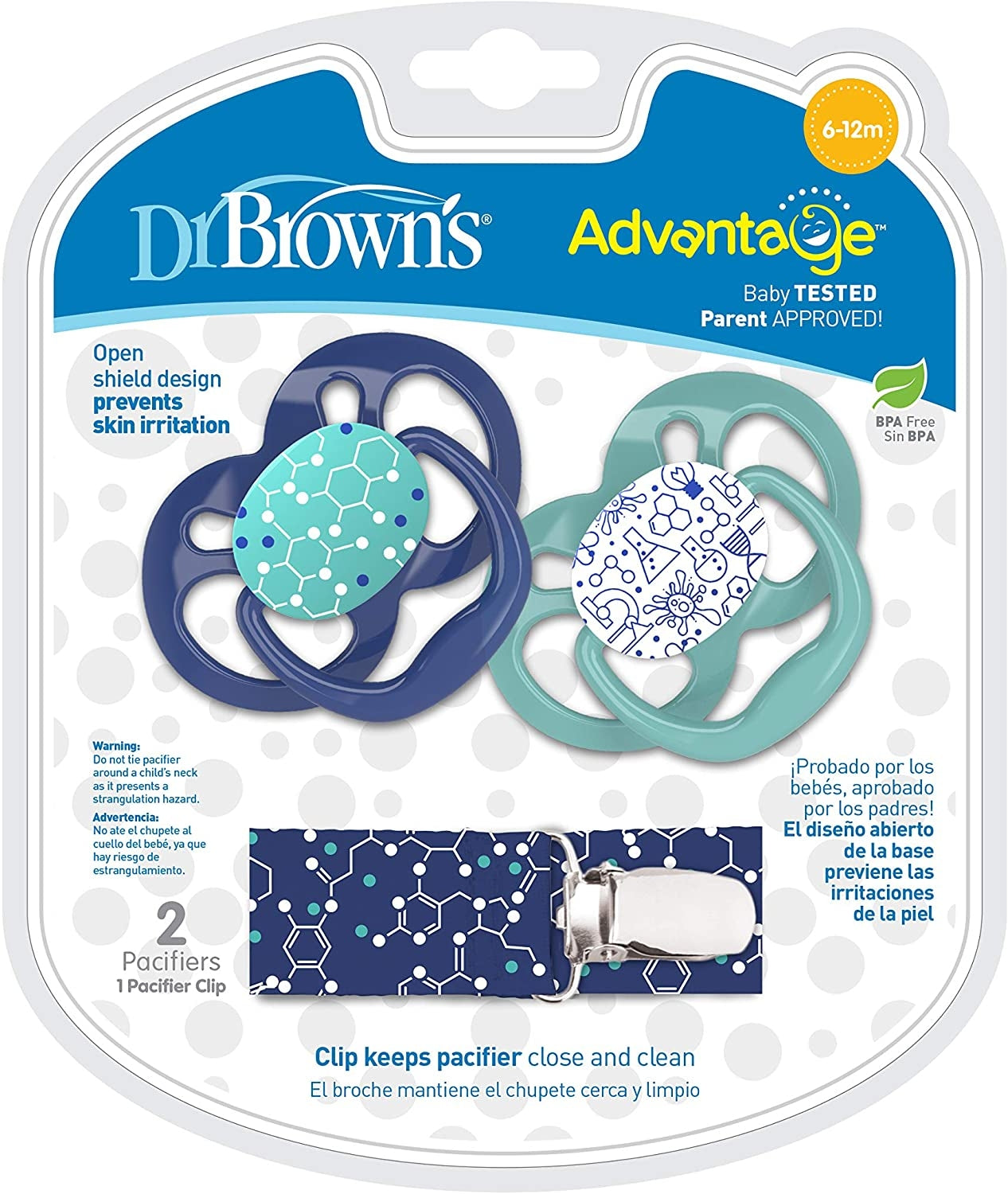 Dr. Brown's Advantage Baby Pacifiers with Clip - Stage 2 (6-18m) (2pc) - Blue
