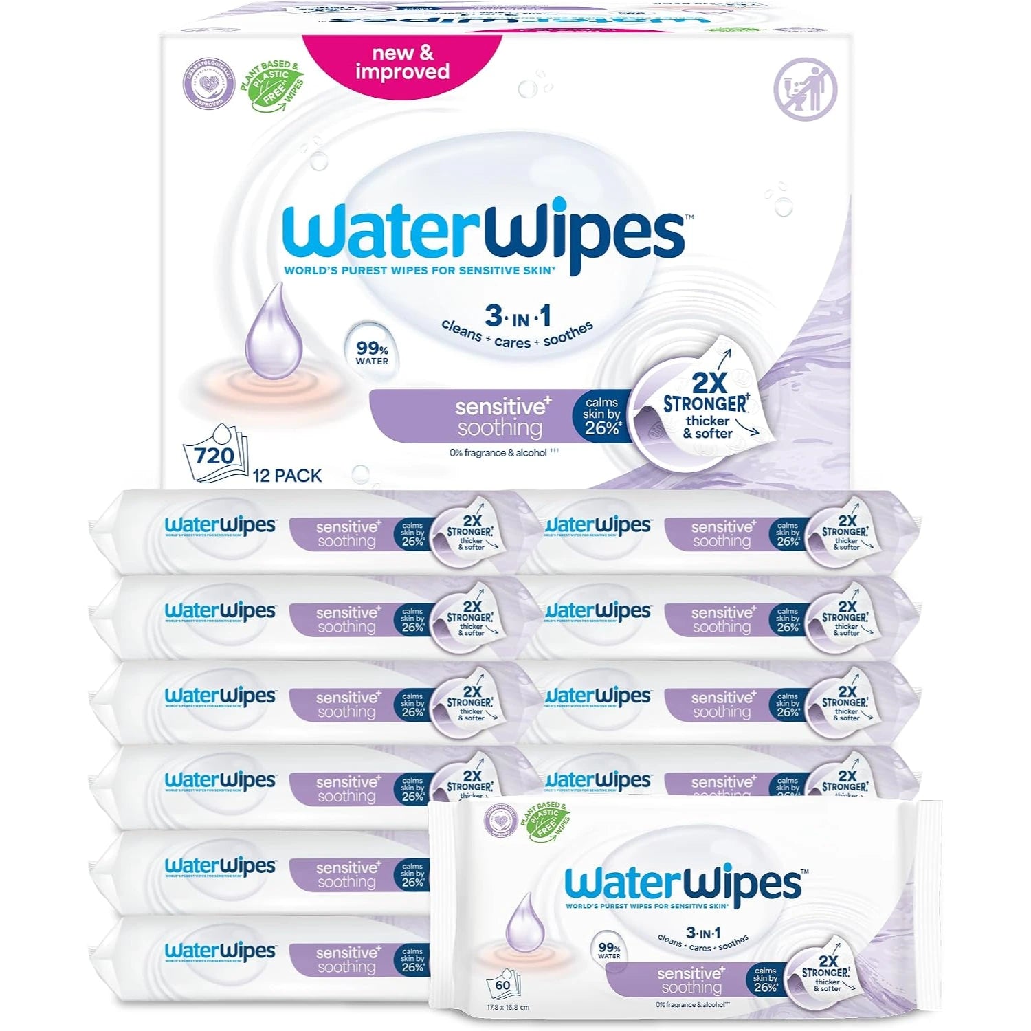 WaterWipes Sensitive+ Soothing Wipes with 99% Water & Botanical Extracts, 12pks of 60s - 720pcs (Exp 02/27)