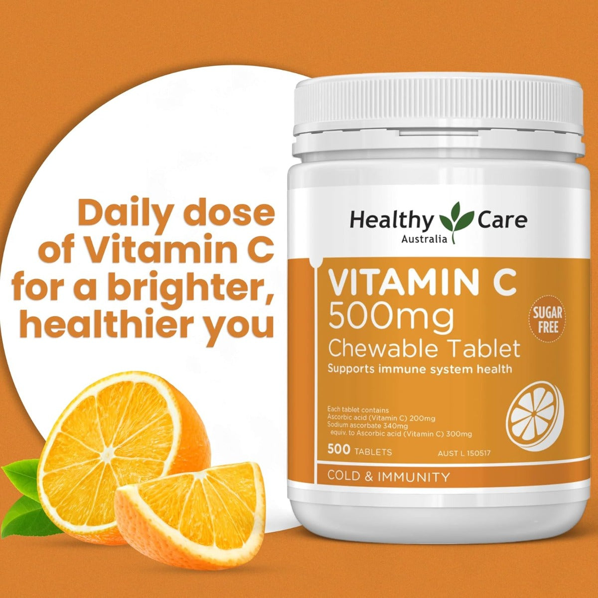 Healthy Care Vitamin C 500mg, 500 Chewable Tablets (Exp 07/27)