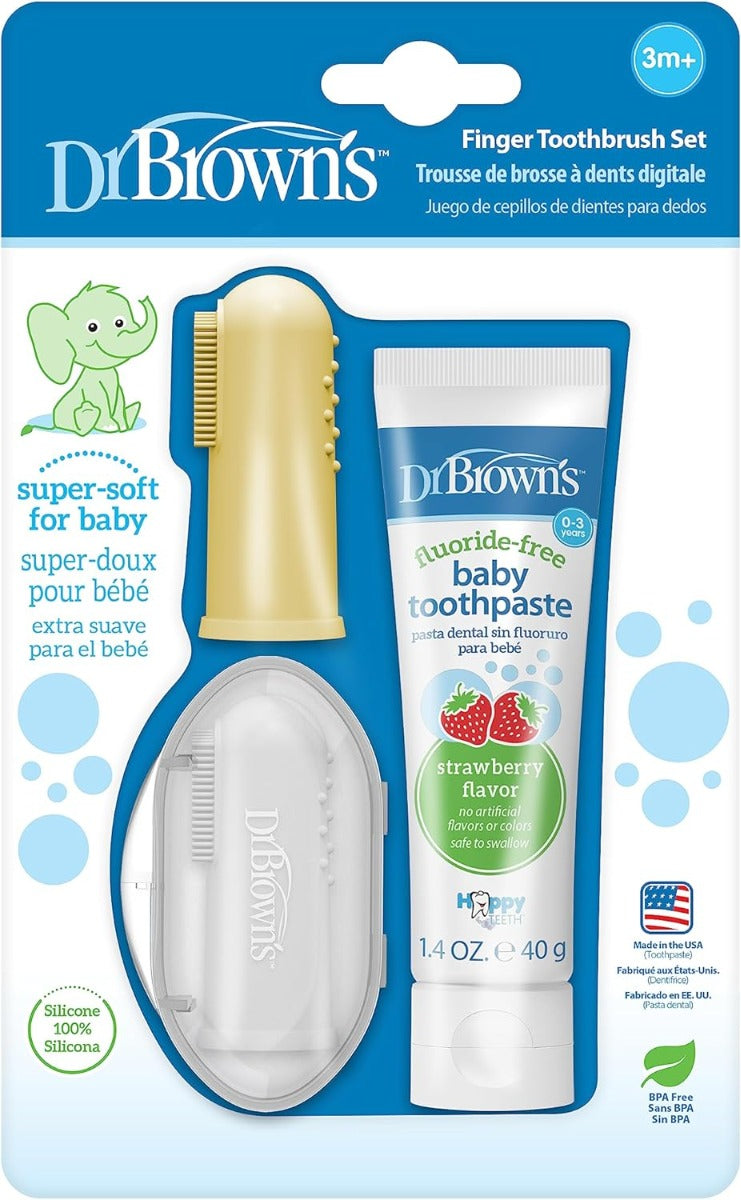 Dr. Brown's 100% Silicone Baby Finger Toothbrush, Gray/Yellow + Strawberry Baby Toothpaste for 0-3Y (Exp 12/26)