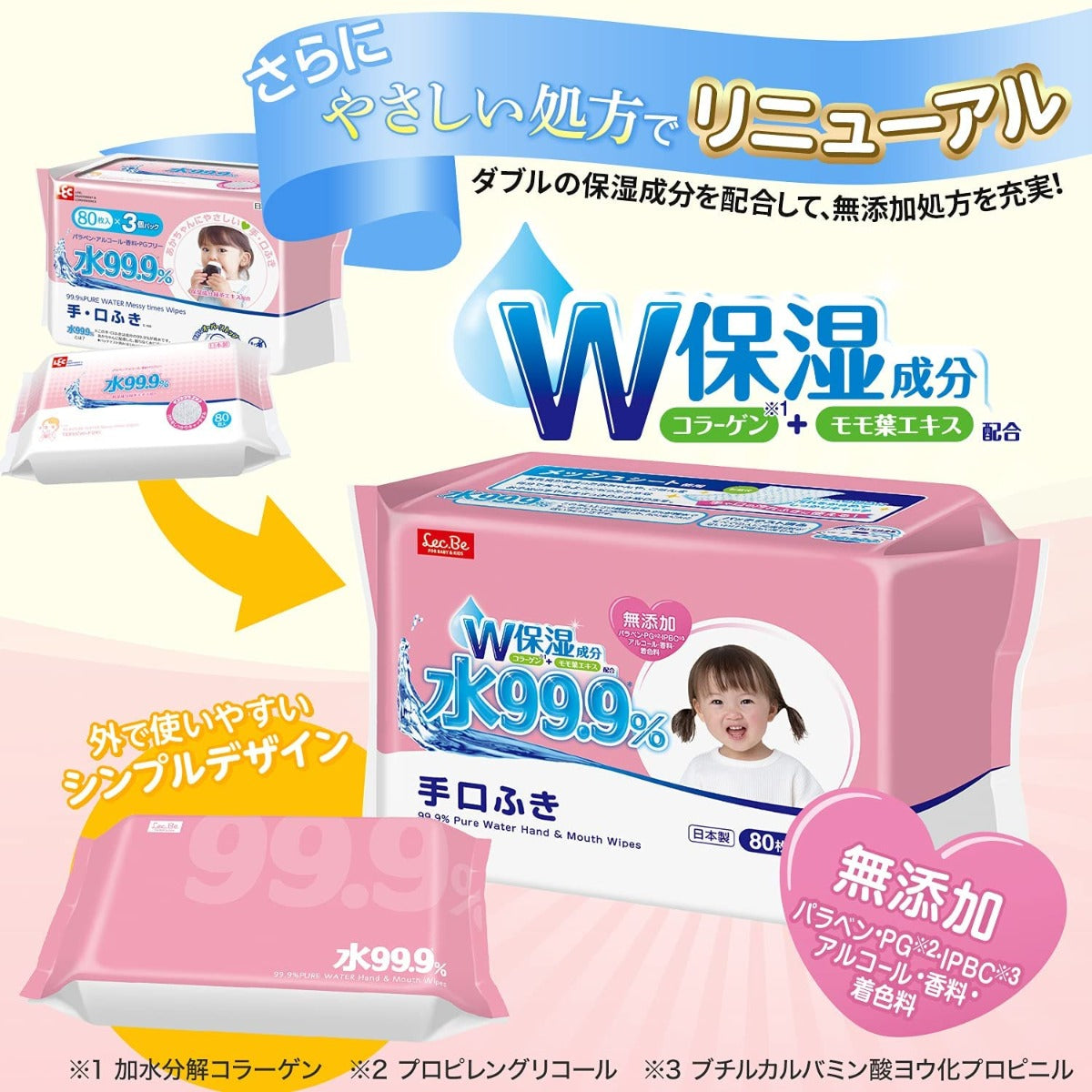 LEC 99.9% Pure Water Hand & Mouth Wet Wipes, 3x80=240pc