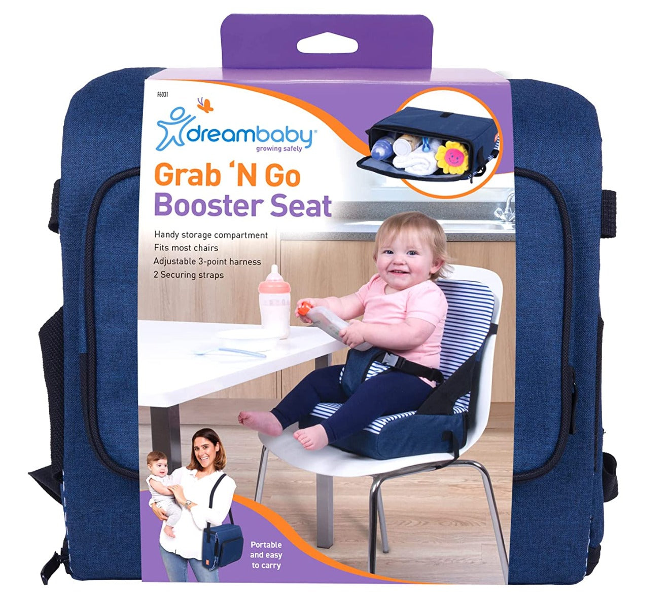 Dreambaby Grab 'N Go Booster Seat - Navy Denim Stripes