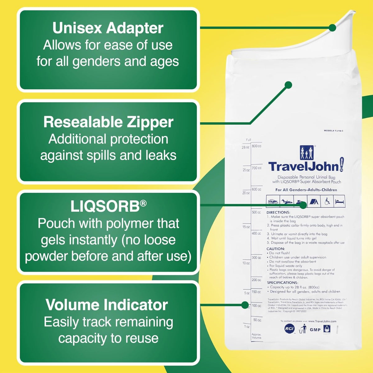 Travel John Disposable Urinal with Zip Resealable, 6-pack (TJ1N)