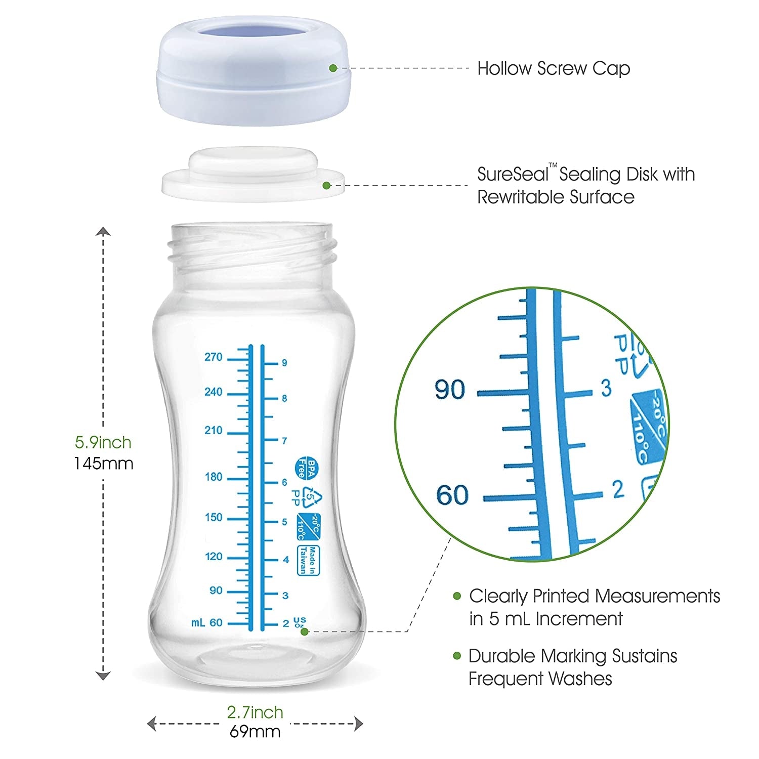 Maymom Wide-Neck Milk Bottle with SureSeal Silicone Disc, 280ml (4pk)