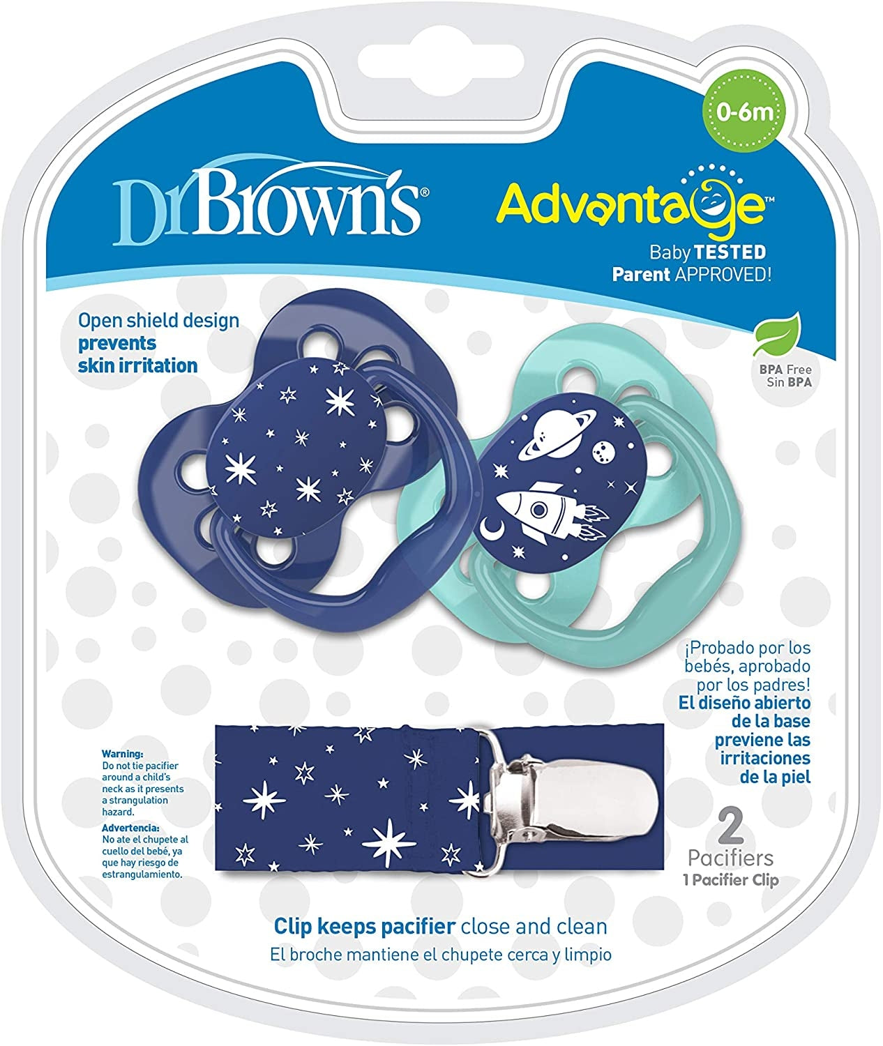 Dr. Brown's Advantage Baby Pacifiers with Clip - Stage 1 (0-6m) (2pc) - Blue