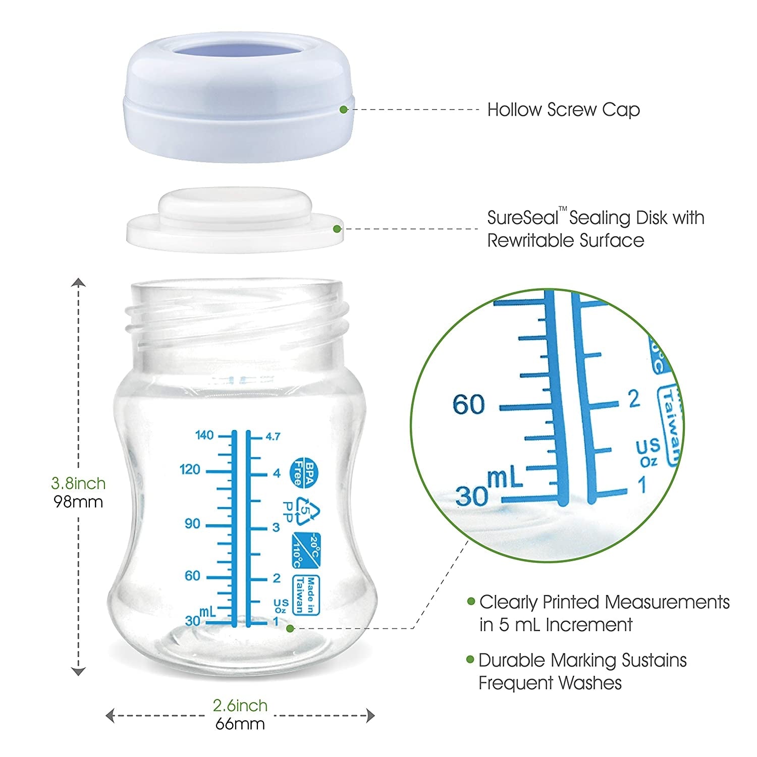 Maymom Wide-Neck Milk Bottle with SureSeal Silicone Disc, 140ml (6pk)