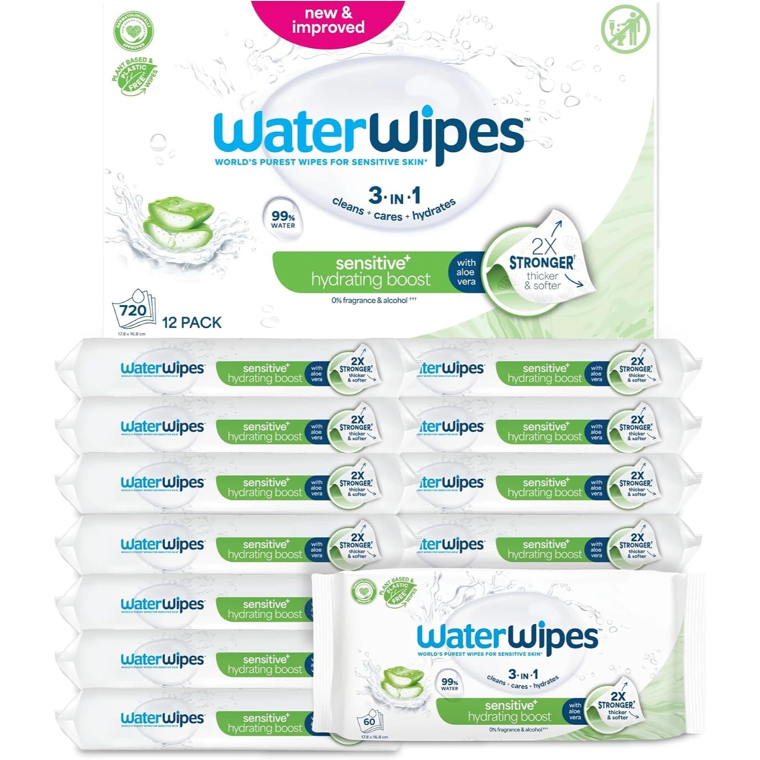 WaterWipes Sensitive+ Hydrating Boost Wipes with 99% Water, 12 packs of 60s - 720pcs (Exp 03/27)