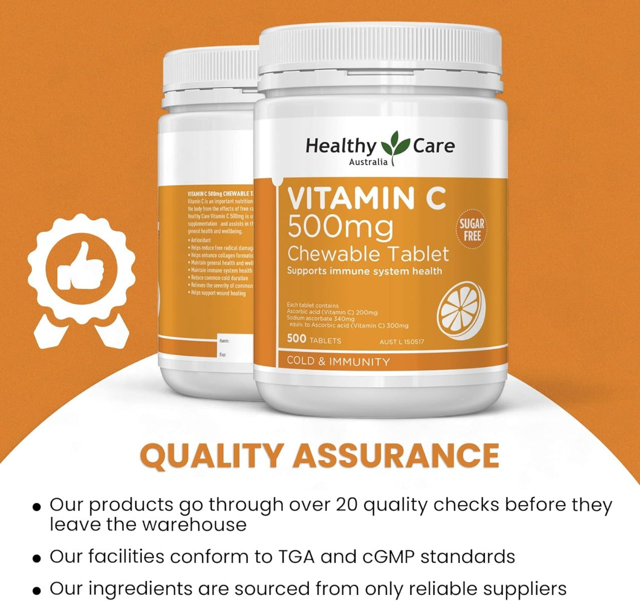 Healthy Care Vitamin C 500mg, 500 Chewable Tablets (Exp 07/27)