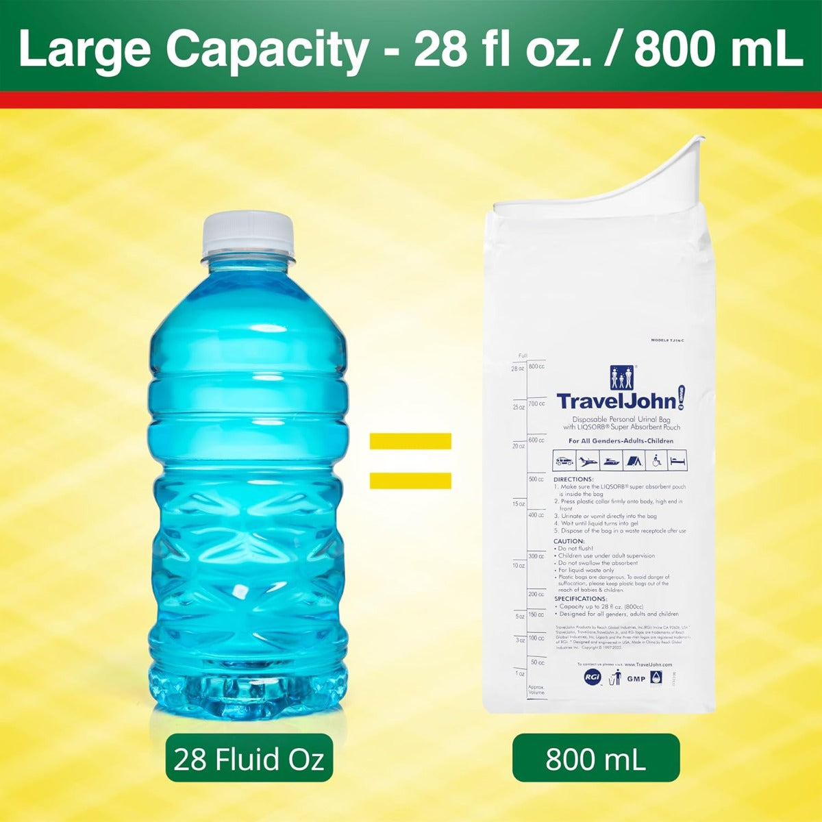 Travel John Disposable Urinal with Zip Resealable, 6-pack (TJ1N)