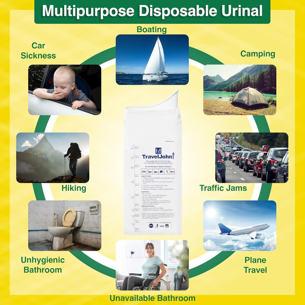 Travel John Disposable Urinal with Zip Resealable, 6-pack (TJ1N)