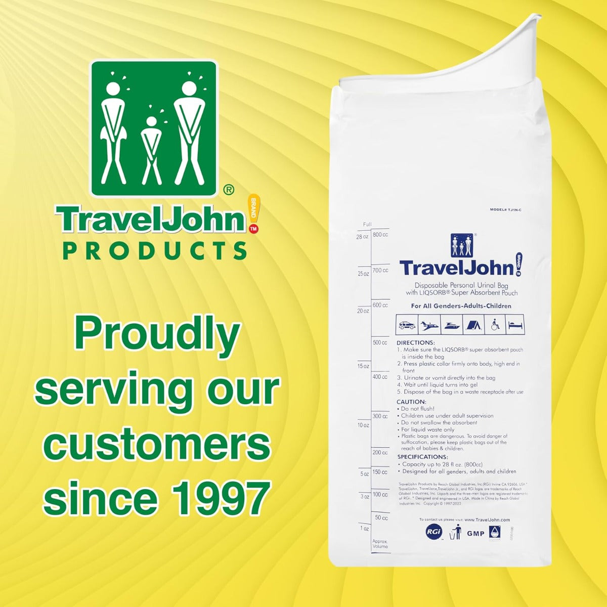 Travel John Disposable Urinal with Zip Resealable, 6-pack (TJ1N)