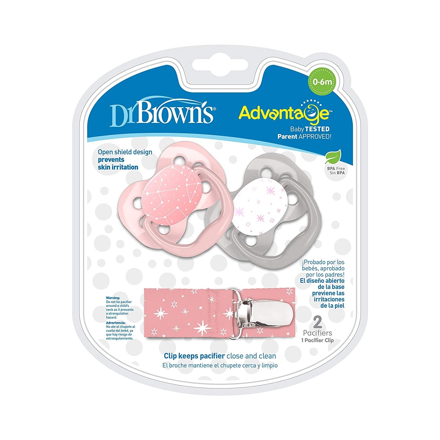 Dr. Brown's Advantage Baby Pacifiers with Clip - Stage 1 (0-6m) (2pc) - Pink