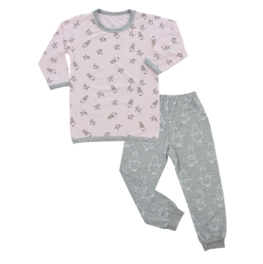 Baa Baa Sheepz Baby Long Sleeve Pyjama Set - Small Star & Sheep Pink/Big Sheep Grey (5 Sizes)
