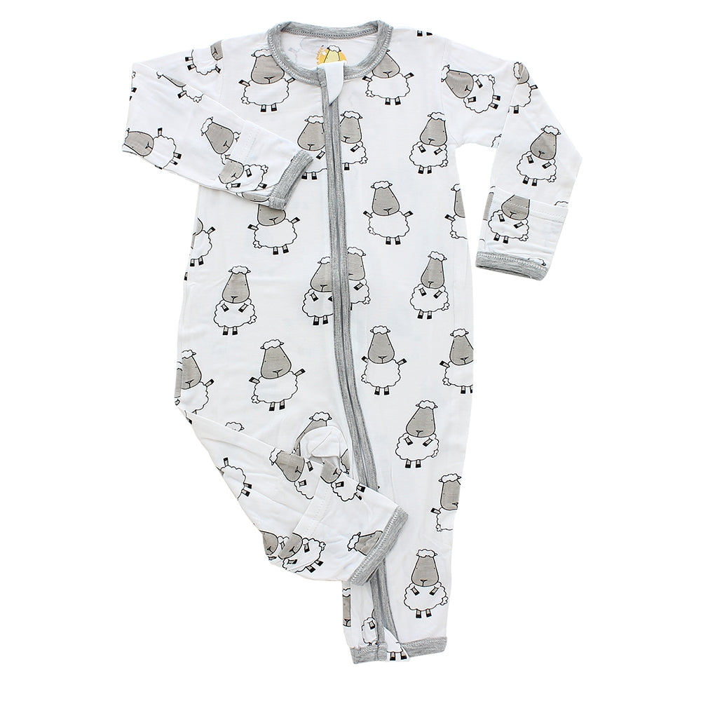 Baa Baa Sheepz Baby Zip Romper - Big Sheep White w Grey Border