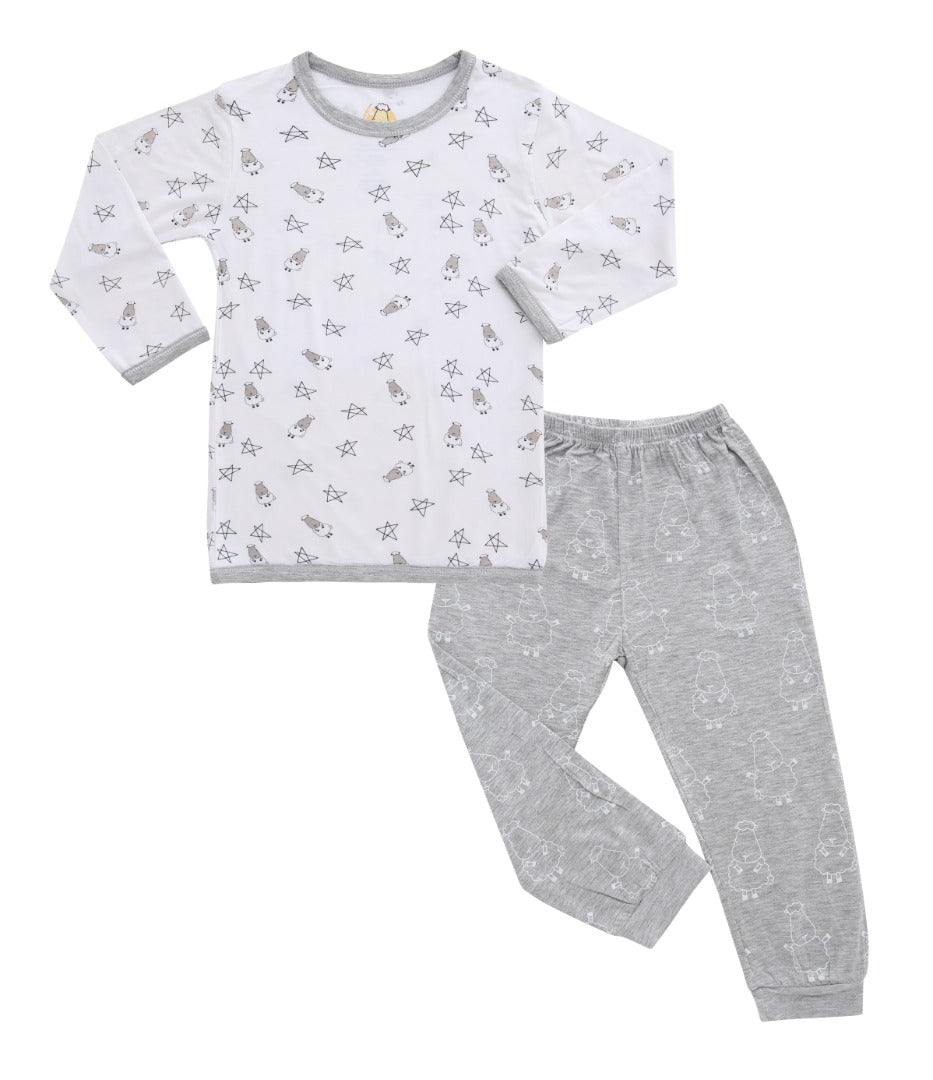 Baa Baa Sheepz Baby Long Sleeve Pyjama Set - Small Star & Sheepz White + Big Sheepz Grey