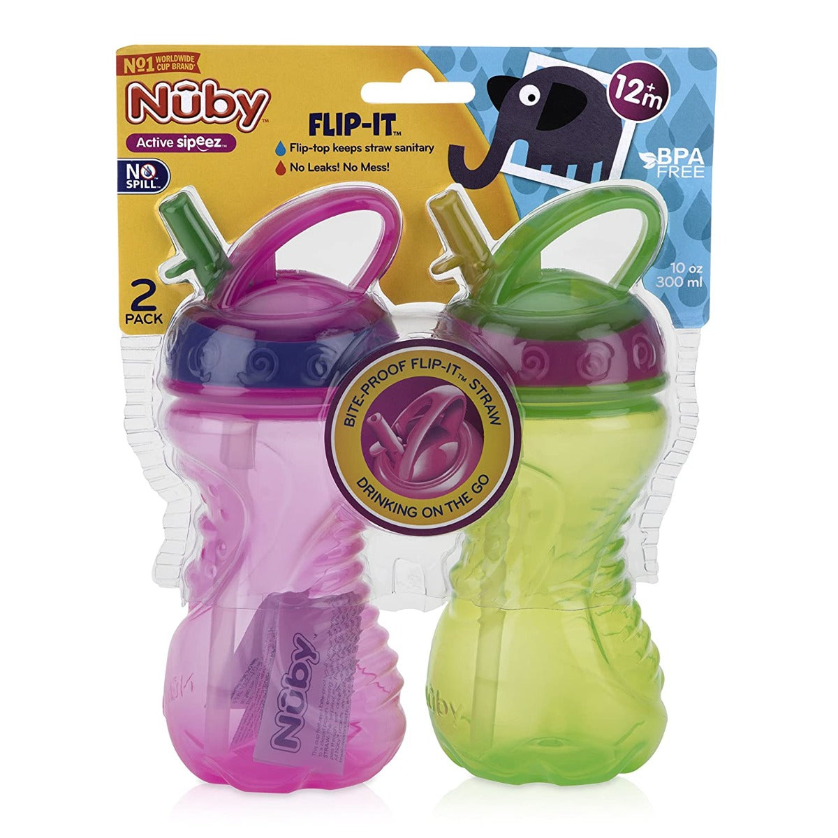 Nuby No-Spill Flip-It Straw Bottle, 10oz (2pk) - Assorted Colours